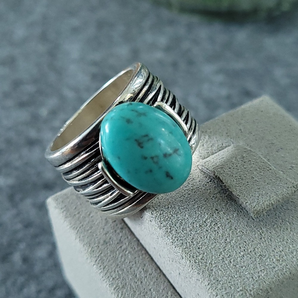 Vintage Faux Turquoise Wide Silver Tone Statement Ring Size 10